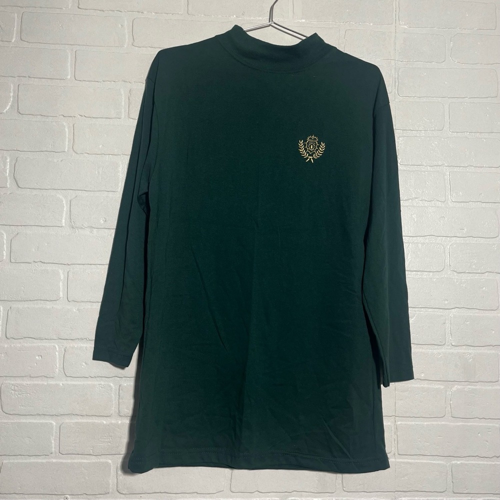 AVON STYLE Vintage Womens Sweater Dark Green Mock Neck Crest Cotton Blend MED